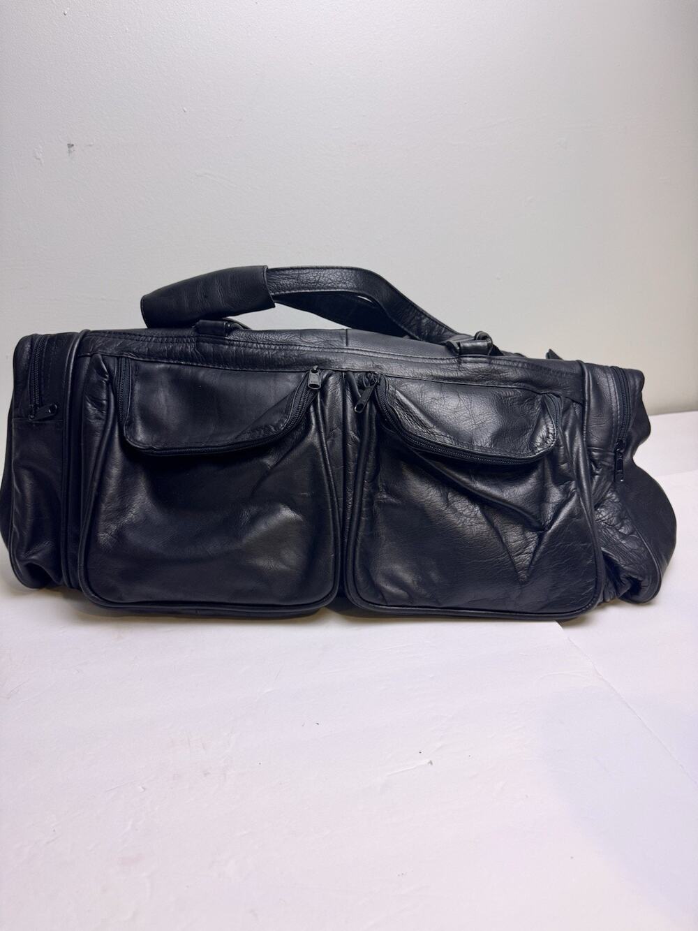 Vintage Pioneer Express Black Leather Duffel Travel Bag 18x10 Weekender
